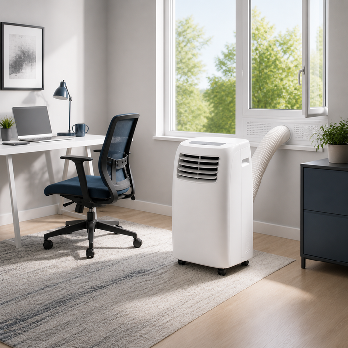 Portable air-conditioning unit in a home office available for hire from UK Building Supplies