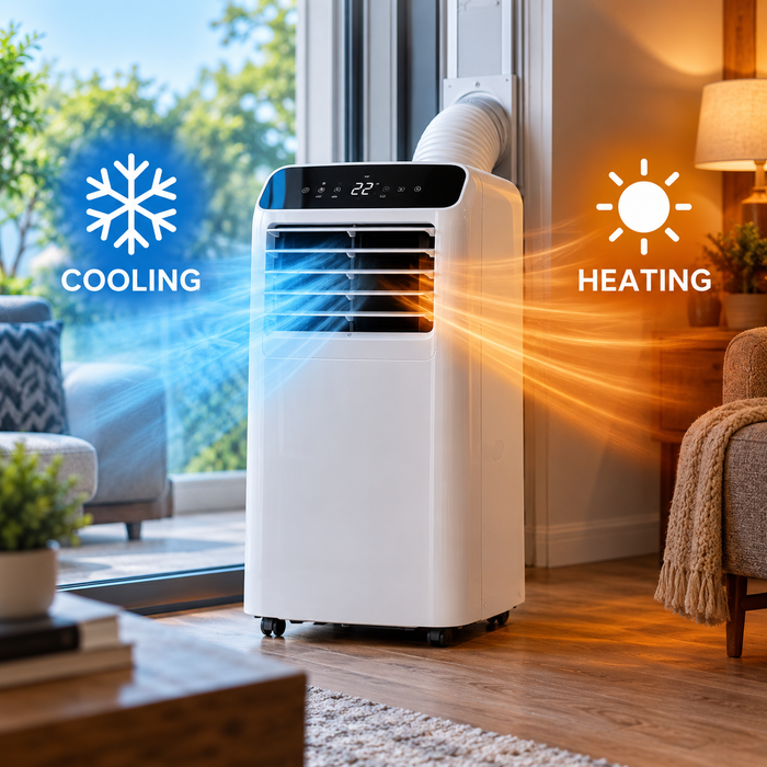Portable air conditioner showing cooling and heating modes in a UK home