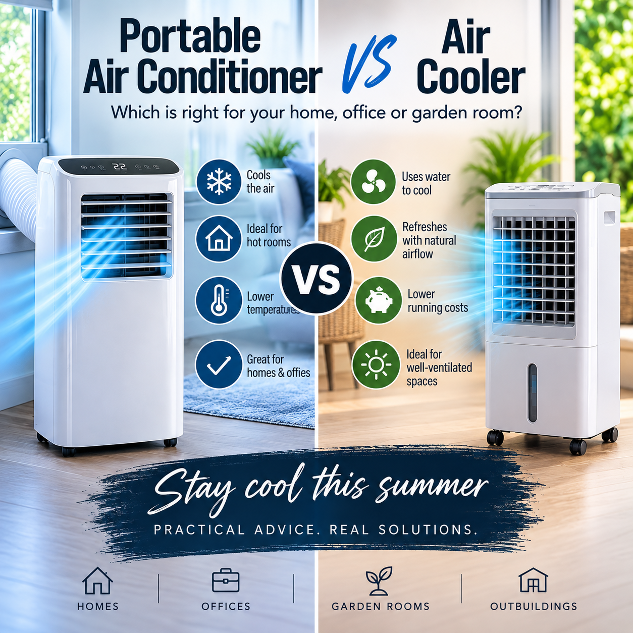 Portable air conditioner vs air cooler comparison showing the key differences for UK homes, offices and garden rooms.