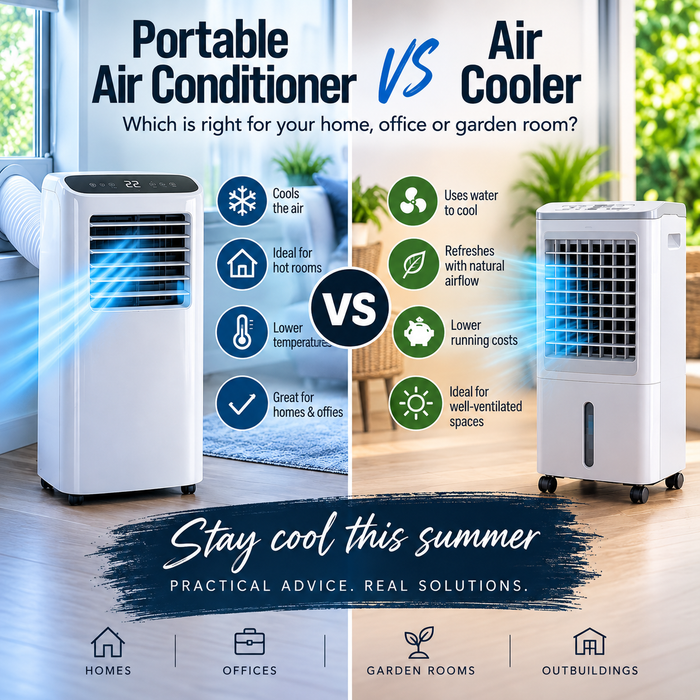 Portable air conditioner vs air cooler comparison showing the key differences for UK homes, offices and garden rooms.