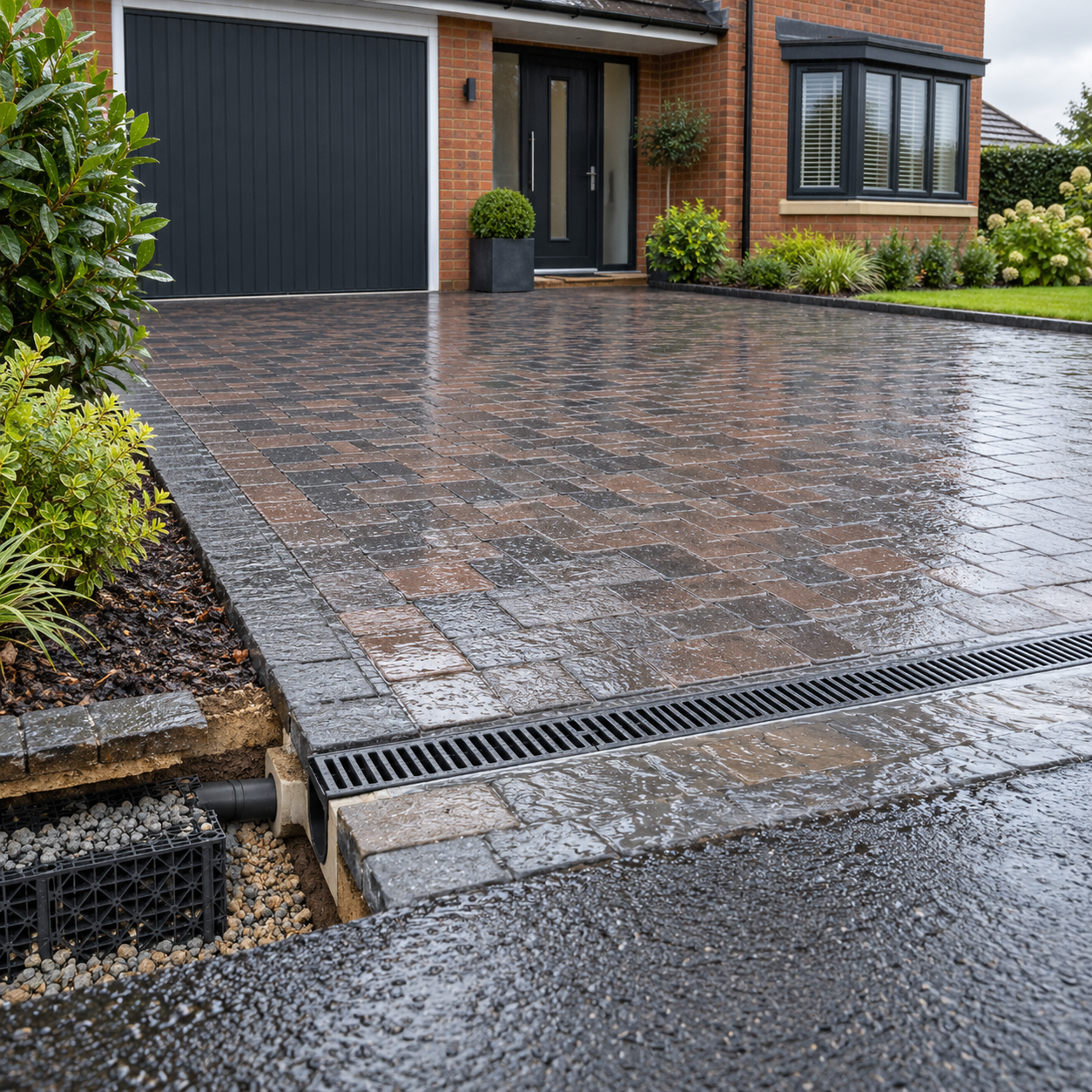 Block paved UK driveway with channel drain and soakaway drainage installation