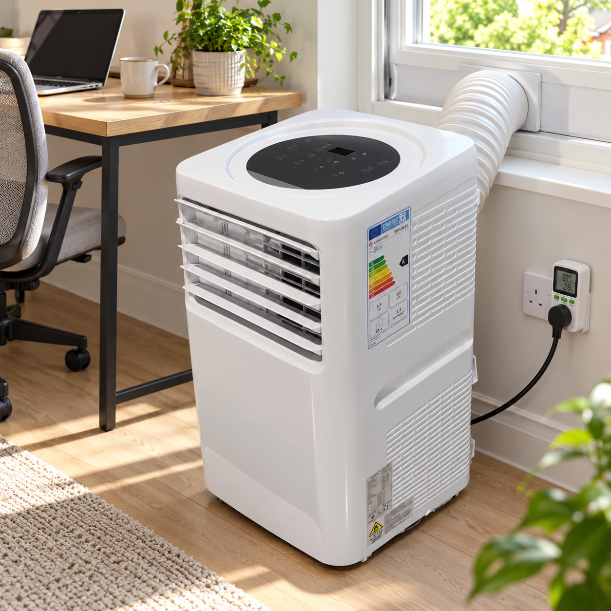 UKBS portable air conditioner vented through a window with an electricity usage monitor
