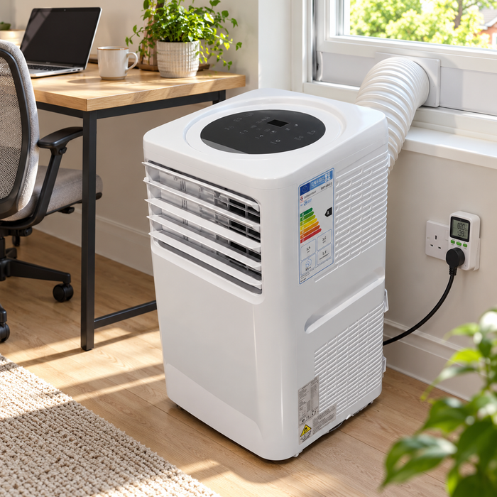 UKBS portable air conditioner vented through a window with an electricity usage monitor