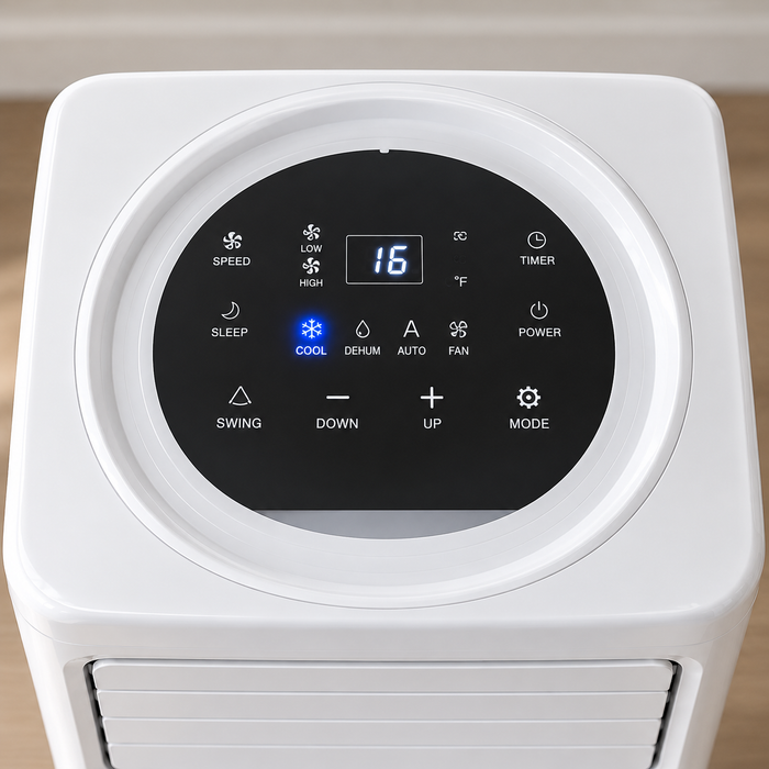 Illuminated control panel on 12,000 BTU portable air conditioner