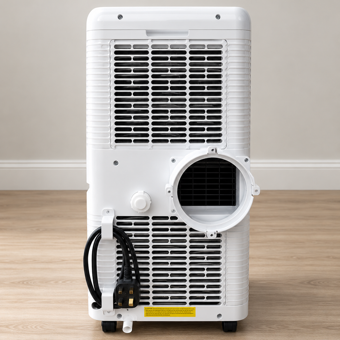 Rear view of 12,000 BTU portable air conditioner with exhaust outlet