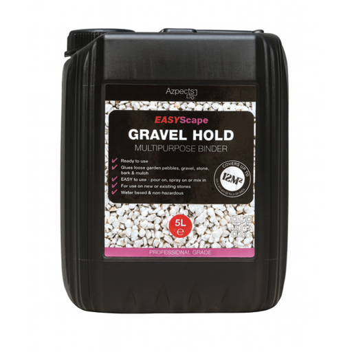 Container of EASYscape Gravel Hold binder with a black lid and white label.