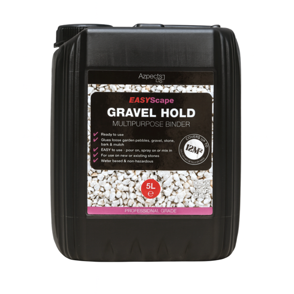 Container of EASYscape Gravel Hold binder with a black lid and white label.