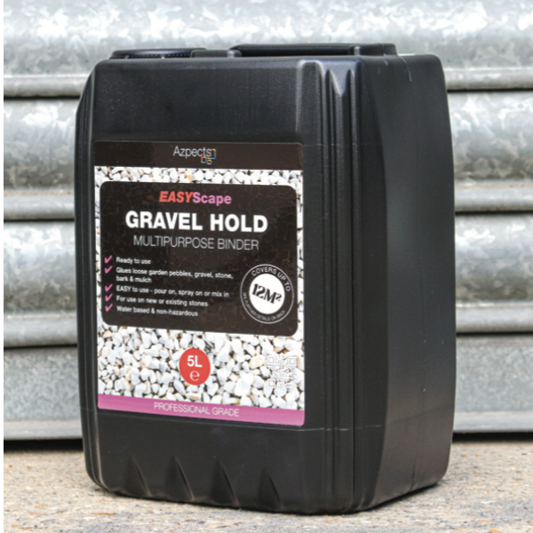 Black container of EASYscape Gravel Hold Multipurpose Binder with a label on a metal background