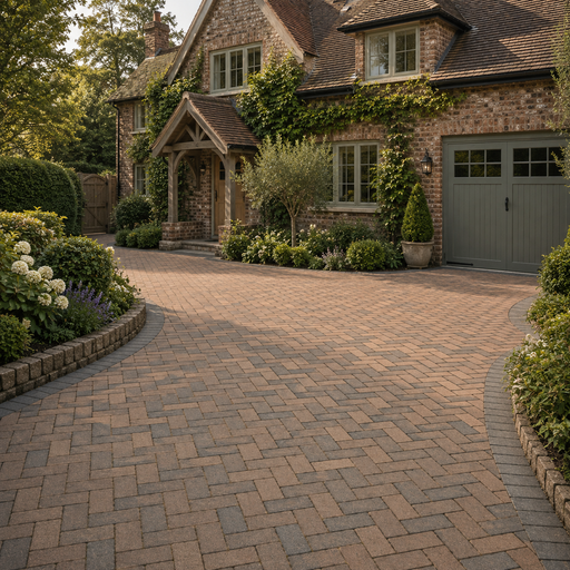 Marshalls Keyblok Vintage Burnt Ochre block paving installed in a 45° herringbone pattern on the driveway of a traditional English home. 