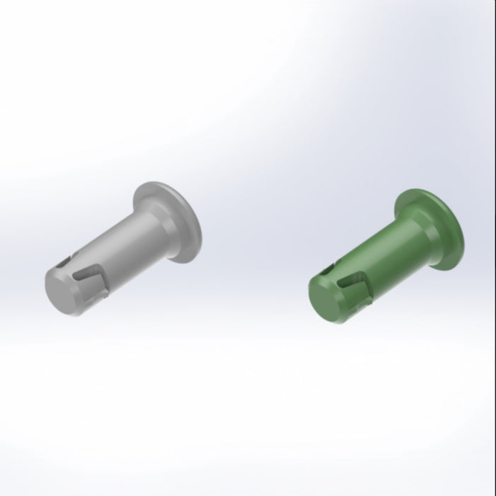 Two plastic parts, one grey and one green, on a white background