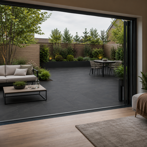 View from inside a modern UK home looking out onto an Anthracite porcelain patio with 900x600 slabs and contemporary garden planting.