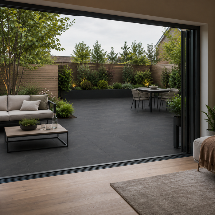 View from inside a modern UK home looking out onto an Anthracite porcelain patio with 900x600 slabs and contemporary garden planting.