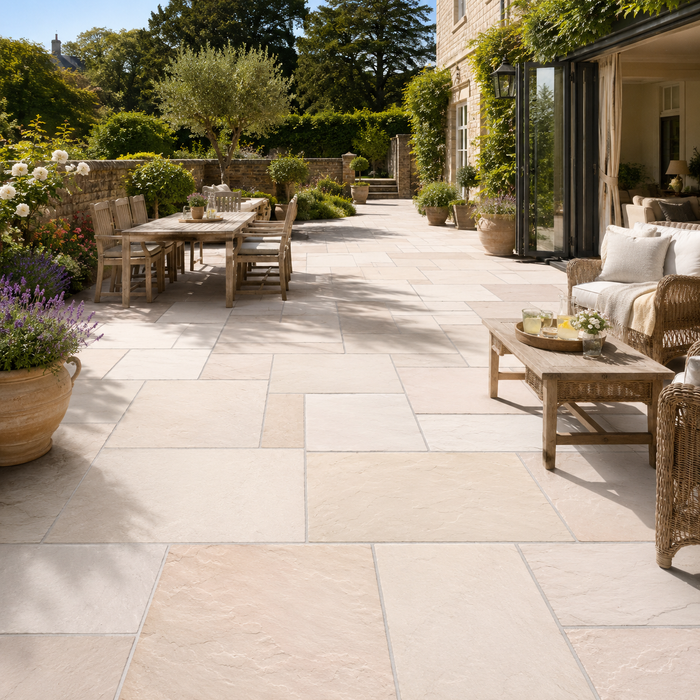 Complete Indian Sandstone Patio Pack Mint Fossil 19.5m2 installed in a bright English garden patio