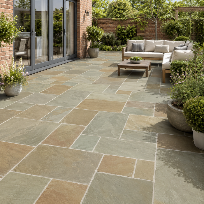 Complete Indian Sandstone Patio Pack Raj Green 19.5m2 installed in a garden patio