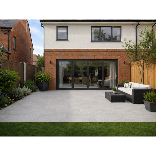Kandla Grey porcelain patio with 900x600 slabs laid outside a modern UK house with lawn and garden planting.