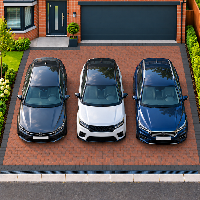 Brindle block paved three-car driveway with a Charcoal soldier-course border