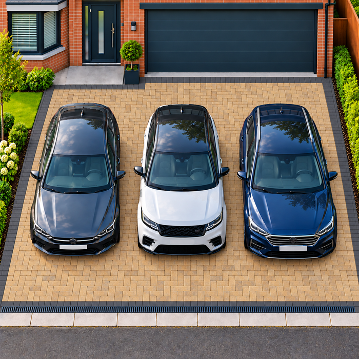 Buff block paved three-car driveway with a Charcoal soldier-course border