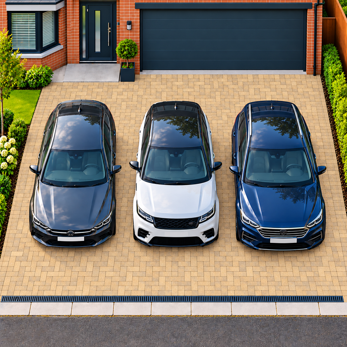Buff block paved three-car driveway laid in a 90-degree herringbone pattern