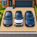Buff block paved three-car driveway laid in a 90-degree herringbone pattern
