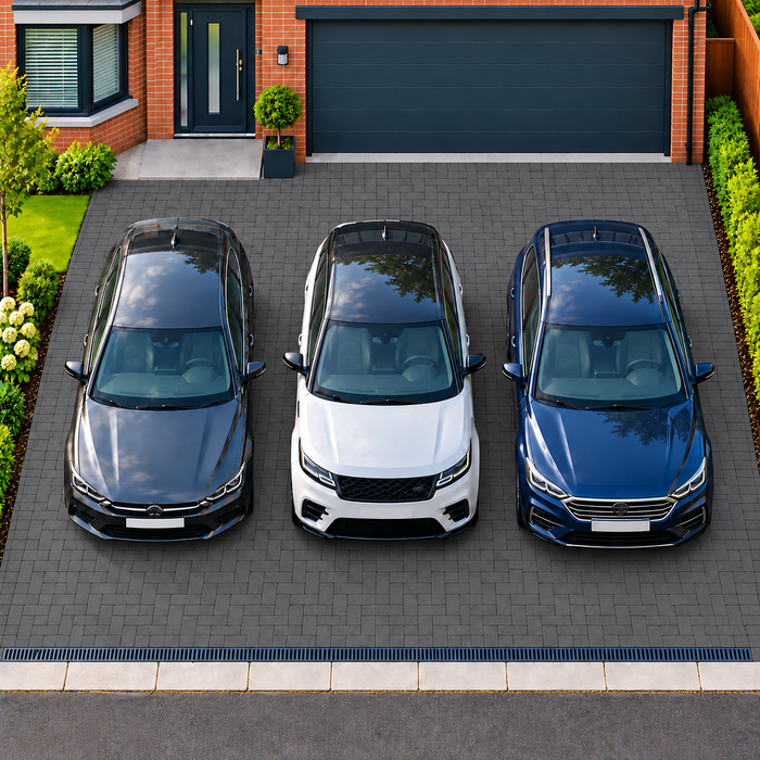 Charcoal block paved three-car driveway laid in a 90-degree herringbone pattern