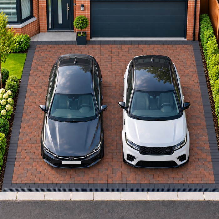 Brindle block paved two-car driveway with a Charcoal soldier-course border