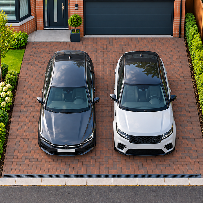 Brindle block paved two-car driveway laid in a 90-degree herringbone pattern