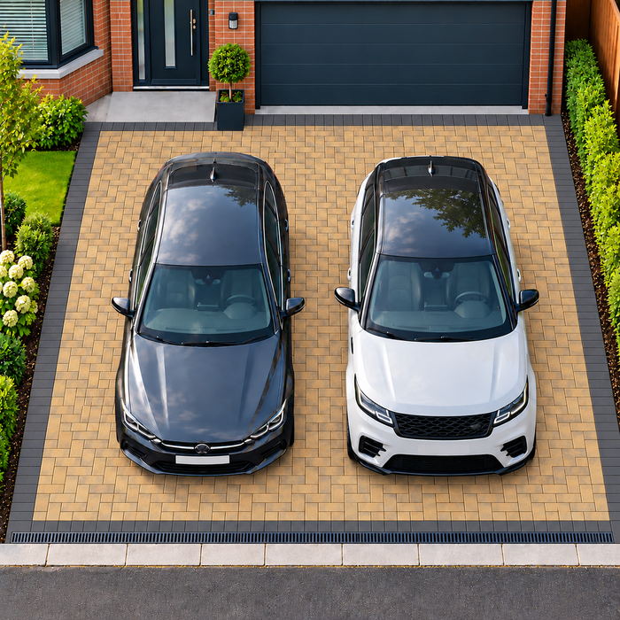 Buff block paved two-car driveway with a Charcoal soldier-course border