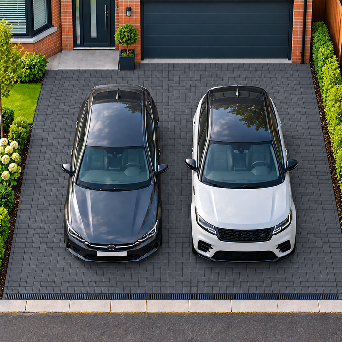 Charcoal block paved two-car driveway laid in a 90-degree herringbone pattern
