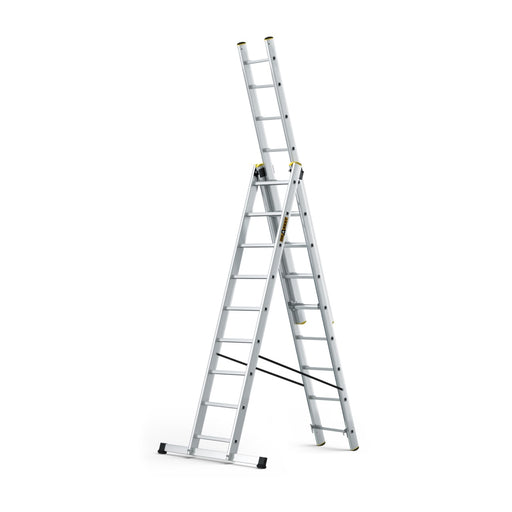 Drabest PRO 3-section extension ladder showing stabiliser and rung detail