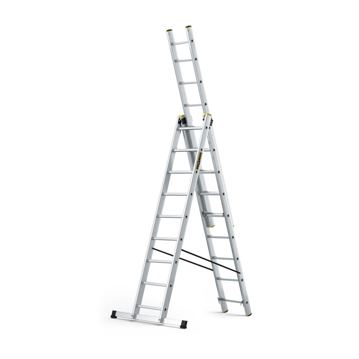 Drabest PRO 3-section extension ladder showing stabiliser and rung detail