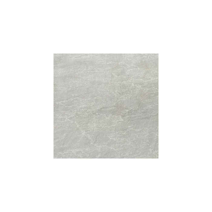Close-up texture of Kandla Grey porcelain paving showing the light grey stone-effect surface finish. 