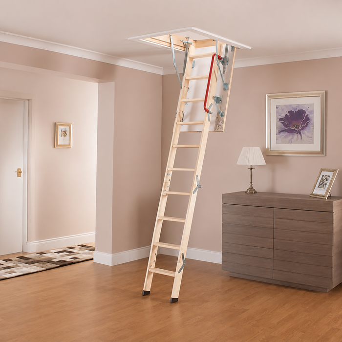 Keylite timber loft ladder installed in a modern home with an insulated ceiling hatch, red handrail and wooden steps.