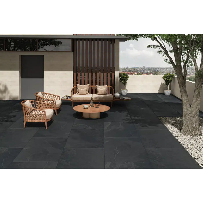 Lake Anthracite porcelain paving installed on a modern outdoor seating terrace
