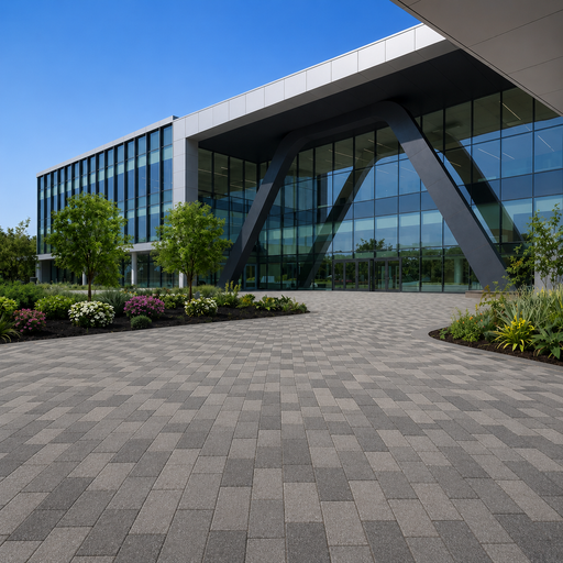 Marshalls Atlas concrete block paving installed in a modern commercial landscaping project outside an office building.