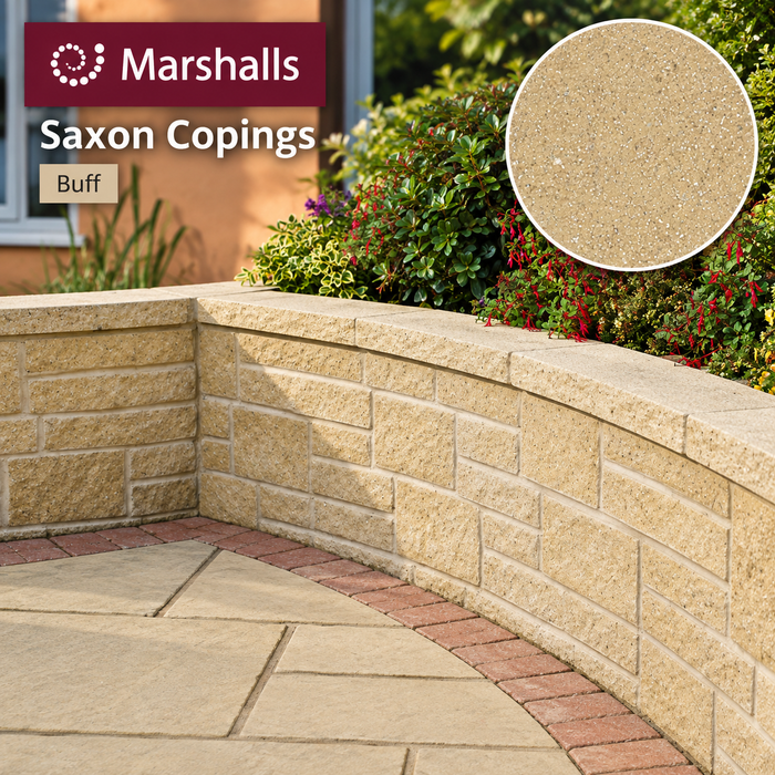 Marshalls Saxon Copings in Buff installed on a curved garden wall with textured coping stones.