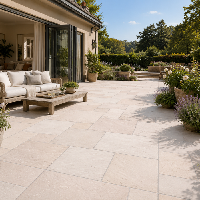 Mint Fossil Indian sandstone patio with outdoor sofa and light cream natural paving tones