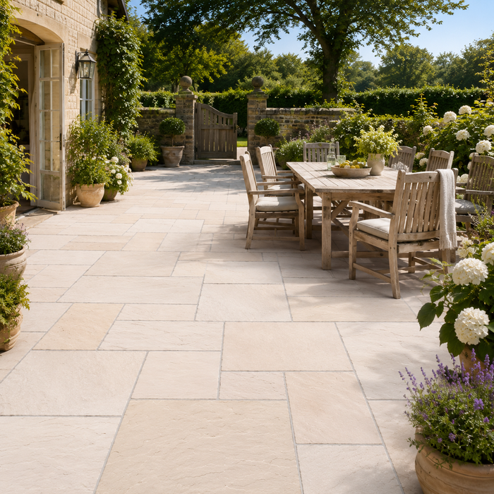 Mint Fossil sandstone garden dining patio with pale beige and buff natural stone paving