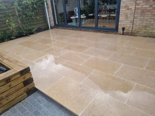 Paveworld Acid Wash Sinai Pearl tumbled limestone paving in warm beige natural tones