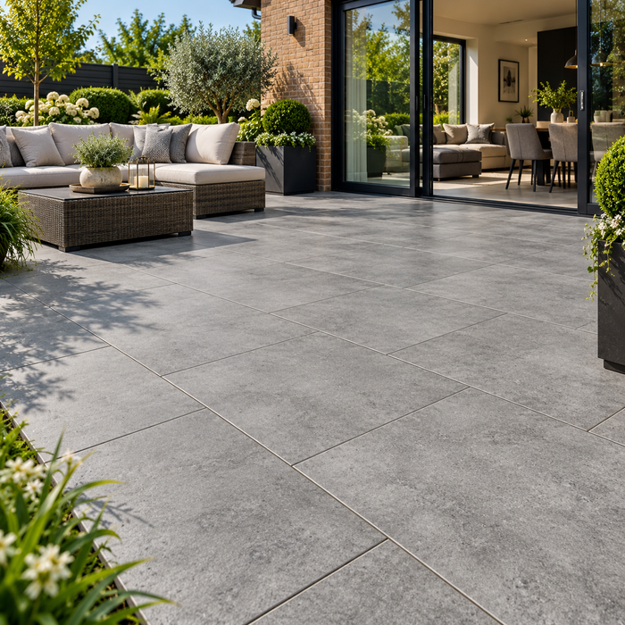 Paveworld Cemento Grey vitrified porcelain paving 900 x 600mm installed patio