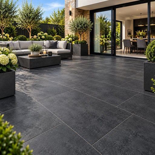 Paveworld Cemento Nero vitrified porcelain paving 900 x 600mm installed patio