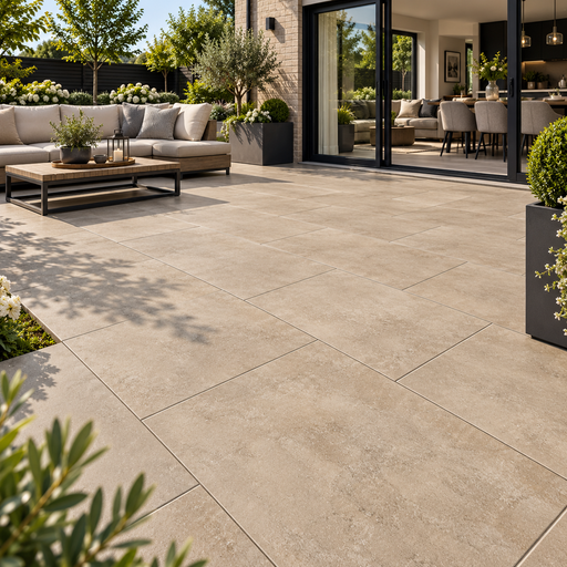 Paveworld Cemento Sand vitrified porcelain paving 900 x 600mm installed patio