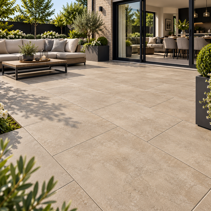 Paveworld Cemento Sand vitrified porcelain paving 900 x 600mm installed patio