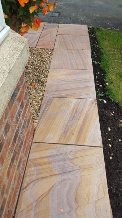 Paveworld Chivas Rainbow sandstone installed paving with natural colour variation