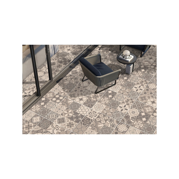 Paveworld Decor Pozzolana Alfa patchwork porcelain paving in creamy grey tones
