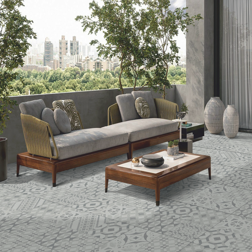 Paveworld Decor Nordic porcelain paving installed on a contemporary outdoor terrace with seating
