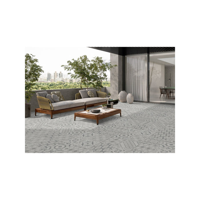 Paveworld Decor Nordic grey patterned porcelain paving installed on a terrace