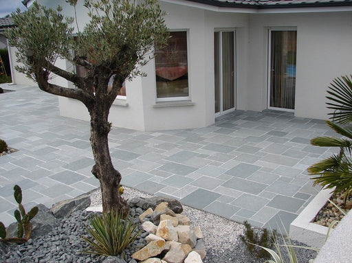 Paveworld Elite Kotah Blue limestone paving installed garden patio