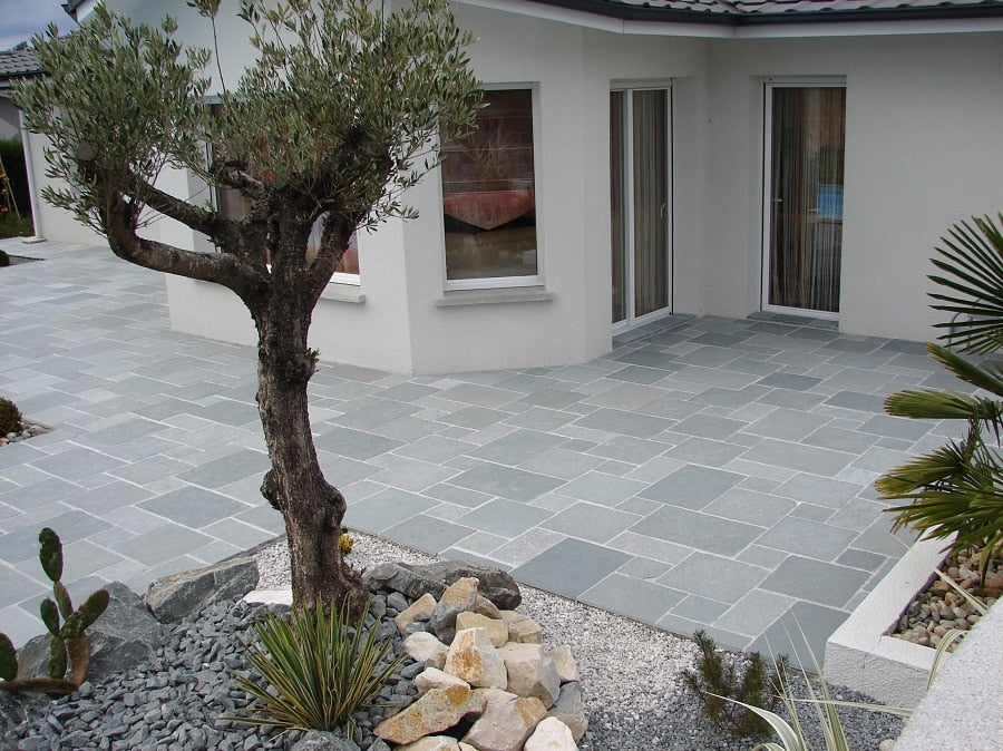 Paveworld Elite Kotah Blue limestone paving installed garden patio
