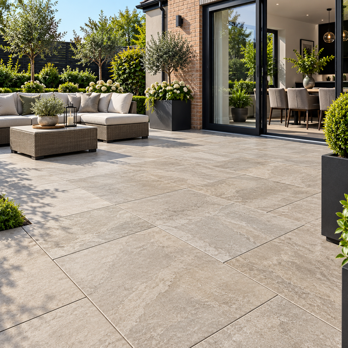 Paveworld Lake Abbey vitrified porcelain paving 900 x 600mm installed patio
