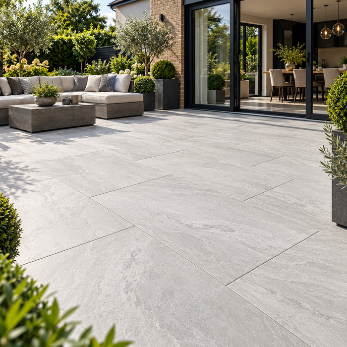 Paveworld Lake Arezia Slate vitrified porcelain paving 900 x 600mm installed patio